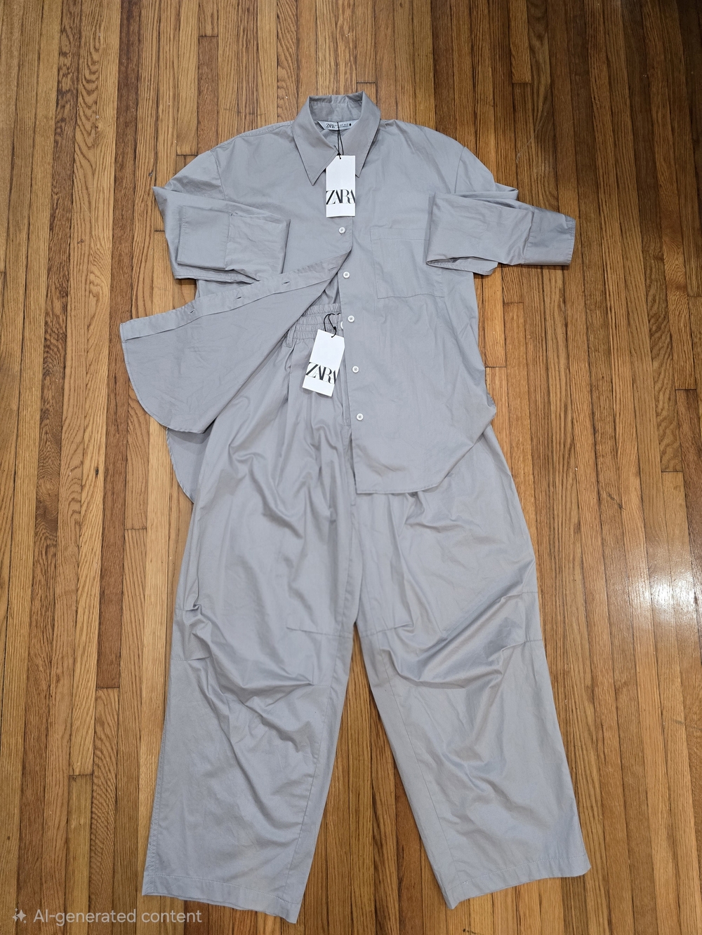 ZARA Women's Light Gray Relaxed Button-Up Shirt & Wide Leg Pants Set